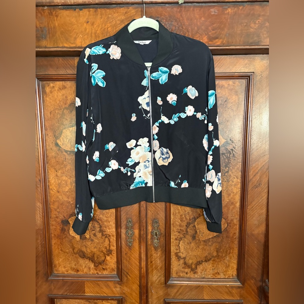 Tucker Black Bomber Jacket with Turquoise and Cream Floral Motif